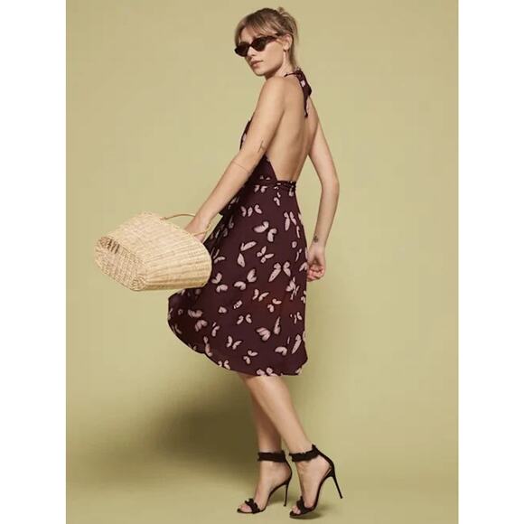 Reformation Johnson Dress Wrap Halter Tie Butterfly Print Burgundy Women's Large - Picture 11 of 15